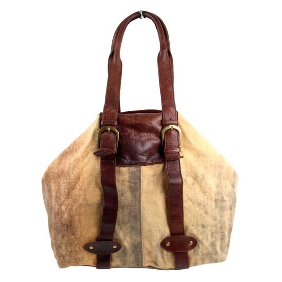 LARGE KiliKili BROWN BEIGE GENUINE LEATHER CANVAS SHOULDER BAG HANDBAG TOTE HOBO - Picture 4 of 14